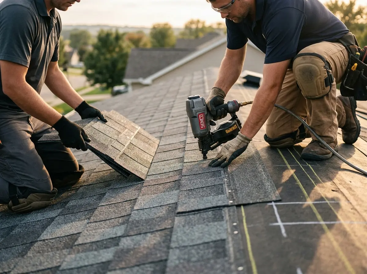Professional roofer working on a residential roof in Truckee